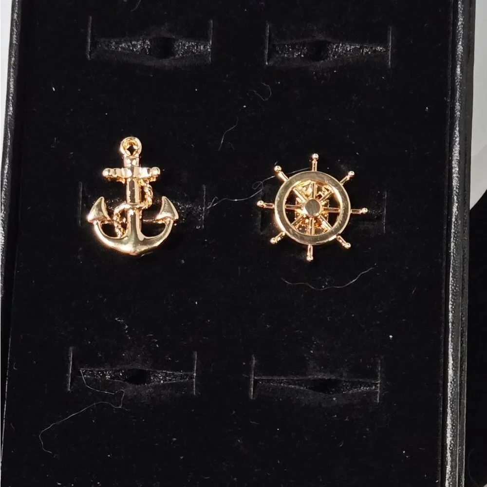 Nautical Anchor & Ship Wheel Cufflinks Gold Asymmetrical Maritime Sailor Gift